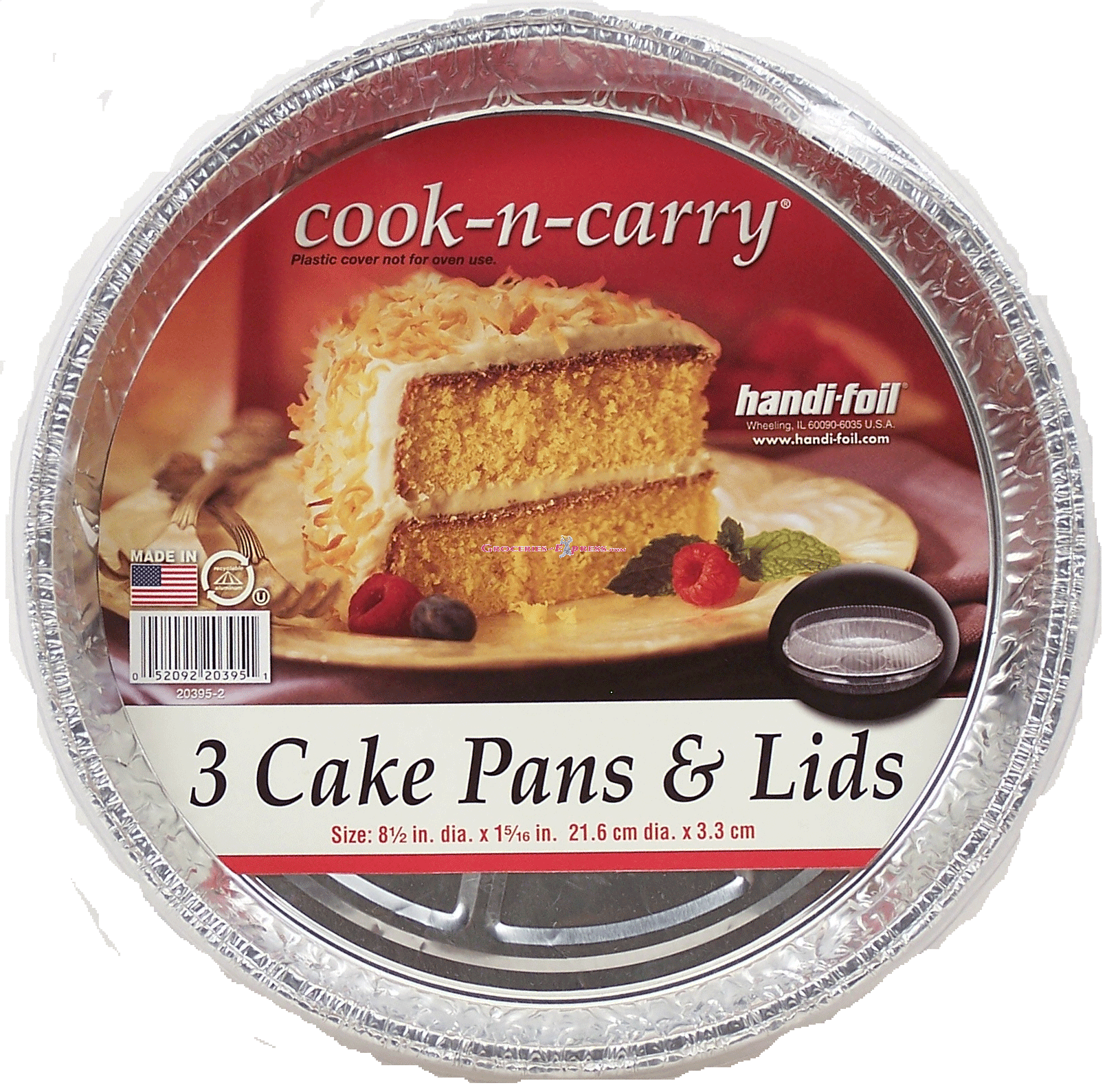 Handi-foil Cook-n-carry 3 cake pans & lids, size 8 1/2in dia x 1 5/16in Full-Size Picture